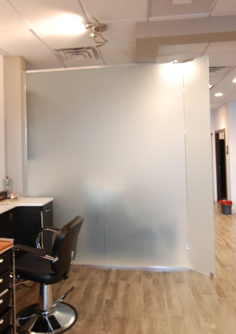 This hair salon partition is low iron and sand blasted!